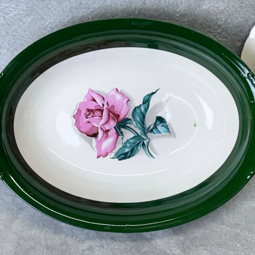 Vintage Nautilus Rose Oval Bowls Grannycore Set of‎ 2 Green Rim Floral Made USA